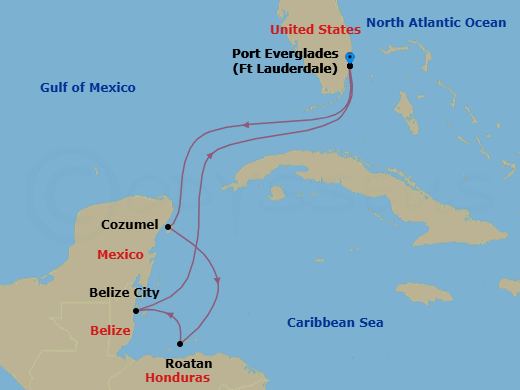 7 Night - Western Caribbean with Mexico - Sun Princess - Starting in Fort Lauderdale, Florida, Cozumel, Mexico, Roatan (Isla Tropicale), Honduras, Belize City, Belize, Fort Lauderdale, Florida itinerary map