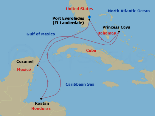 7 Night - Western Caribbean with Mexico & Celebration Key - Sun Princess - Starting in Fort Lauderdale, Florida, Roatan (Isla Tropicale), Honduras, Cozumel, Mexico, Celebration Key, Bahamas, Fort Lauderdale, Florida itinerary map