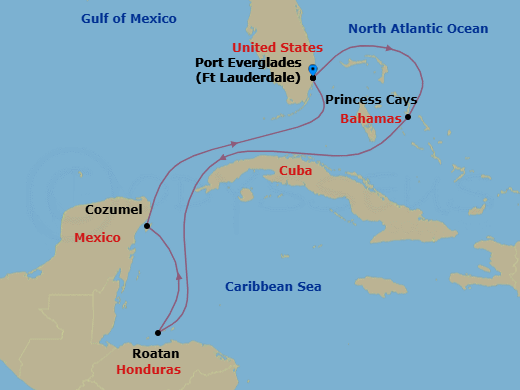 7 Night - Western Caribbean with Mexico & Celebration Key - Sun Princess - Starting in Fort Lauderdale, Florida, Celebration Key, Bahamas, Roatan (Isla Tropicale), Honduras, Cozumel, Mexico, Fort Lauderdale, Florida itinerary map