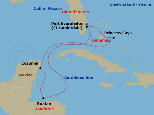 7 Night - Western Caribbean with Mexico & Celebration Key - Sun Princess - Starting in Fort Lauderdale, Florida, Celebration Key, Bahamas, Cozumel, Mexico, Roatan (Isla Tropicale), Honduras, Fort Lauderdale, Florida itinerary map