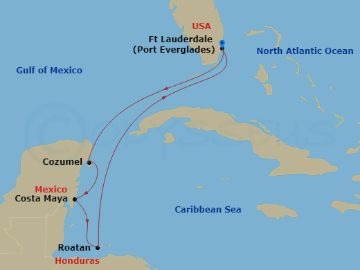 7 Night - Western Caribbean with Mexico - Sun Princess - Starting in Fort Lauderdale, Florida, Cozumel, Mexico, Costa Maya (Mahahual), Mexico, Roatan (Isla Tropicale), Honduras, Fort Lauderdale, Florida itinerary map