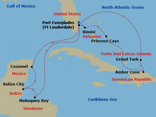 14 Night - Eastern / Western Caribbean Adventurer with Celebration Key - Star Princess - Starting in Fort Lauderdale, Florida, Grand Turk, Turks and Caicos, Amber Cove, Dominican Republic, Celebration Key, Bahamas, Bimini, Bahamas, Fort Lauderdale, Florida, Roatan (Isla Tropicale), Honduras, Belize City, Belize, Cozumel, Mexico, Fort Lauderdale, Florida itinerary map