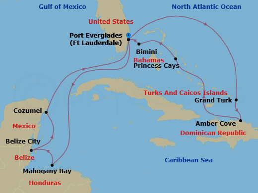 14 Night - Eastern / Western Caribbean Adventurer with Celebration Key - Star Princess - Starting in Fort Lauderdale, Florida, Roatan (Isla Tropicale), Honduras, Belize City, Belize, Cozumel, Mexico, Fort Lauderdale, Florida, Grand Turk, Turks and Caicos, Amber Cove, Dominican Republic, Celebration Key, Bahamas, Bimini, Bahamas, Fort Lauderdale, Florida itinerary map