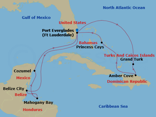 14 Night - Eastern / Western Caribbean Adventurer with Celebration Key - Star Princess - Starting in Fort Lauderdale, Florida, Belize City, Belize, Roatan (Isla Tropicale), Honduras, Cozumel, Mexico, Fort Lauderdale, Florida, Grand Turk, Turks and Caicos, Amber Cove, Dominican Republic, Celebration Key, Bahamas, Fort Lauderdale, Florida itinerary map