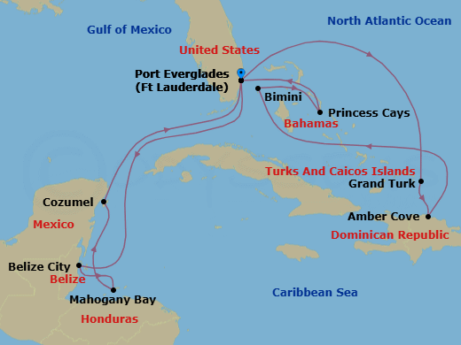 14 Night - Eastern / Western Caribbean Adventurer with Celebration Key - Star Princess - Starting in Fort Lauderdale, Florida, Grand Turk, Turks and Caicos, Amber Cove, Dominican Republic, Bimini, Bahamas, Celebration Key, Bahamas, Fort Lauderdale, Florida, Belize City, Belize, Roatan (Isla Tropicale), Honduras, Cozumel, Mexico, Fort Lauderdale, Florida itinerary map