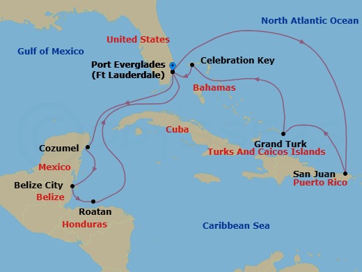 14 Night - Eastern / Western Caribbean with Celebration Key Holiday - Sun Princess - Starting in Fort Lauderdale, Florida, San Juan, Puerto Rico, Grand Turk, Turks and Caicos, Celebration Key, Bahamas, Fort Lauderdale, Florida, Cozumel, Mexico, Belize City, Belize, Roatan (Isla Tropicale), Honduras, Fort Lauderdale, Florida itinerary map