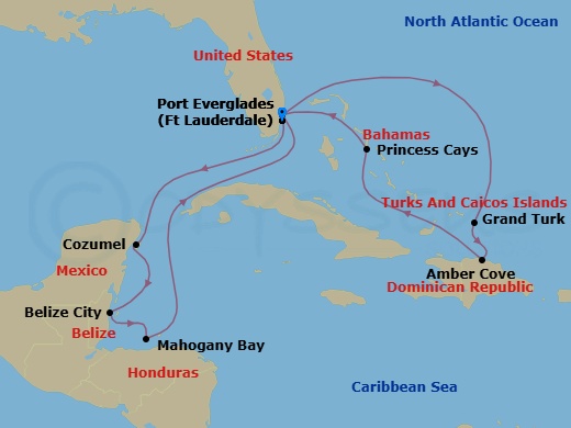 14 Night - Eastern / Western Caribbean Adventurer with Celebration Key - Star Princess - Starting in Fort Lauderdale, Florida, Grand Turk, Turks and Caicos, Amber Cove, Dominican Republic, Celebration Key, Bahamas, Fort Lauderdale, Florida, Cozumel, Mexico, Belize City, Belize, Roatan (Isla Tropicale), Honduras, Fort Lauderdale, Florida itinerary map
