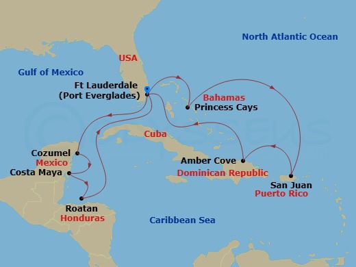 14 Night - Eastern / Western Caribbean Adventurer - Sun Princess - Starting in Fort Lauderdale, Florida, Cozumel, Mexico, Costa Maya (Mahahual), Mexico, Roatan (Isla Tropicale), Honduras, Fort Lauderdale, Florida, Princess Cays, Bahamas, San Juan, Puerto Rico, Amber Cove, Dominican Republic, Fort Lauderdale, Florida itinerary map
