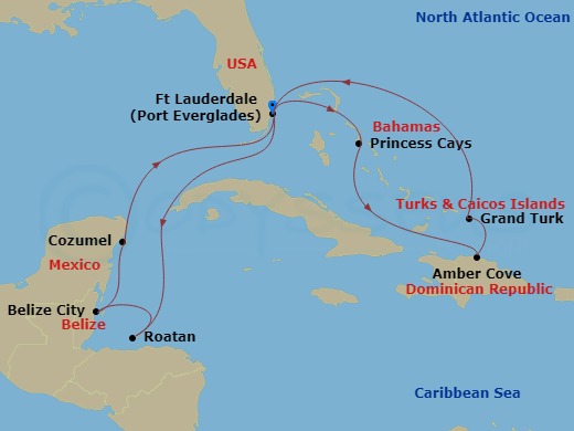 14 Night - Eastern / Western Caribbean Adventurer with Celebration Key - Star Princess - Starting in Fort Lauderdale, Florida, Celebration Key, Bahamas, Amber Cove, Dominican Republic, Grand Turk, Turks and Caicos, Fort Lauderdale, Florida, Roatan (Isla Tropicale), Honduras, Belize City, Belize, Cozumel, Mexico, Fort Lauderdale, Florida itinerary map