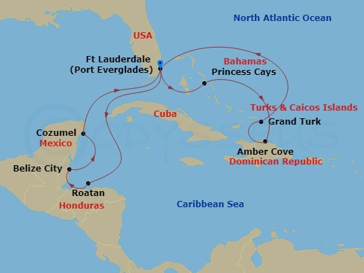 14 Night - Eastern / Western Caribbean Adventurer with Celebration Key - Star Princess - Starting in Fort Lauderdale, Florida, Roatan (Isla Tropicale), Honduras, Belize City, Belize, Cozumel, Mexico, Fort Lauderdale, Florida, Celebration Key, Bahamas, Amber Cove, Dominican Republic, Grand Turk, Turks and Caicos, Fort Lauderdale, Florida itinerary map