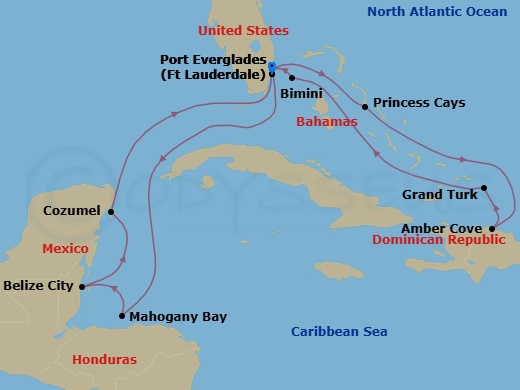 14 Night - Eastern / Western Caribbean Adventurer with Celebration Key - Star Princess - Starting in Fort Lauderdale, Florida, Celebration Key, Bahamas, Amber Cove, Dominican Republic, Grand Turk, Turks and Caicos, Bimini, Bahamas, Fort Lauderdale, Florida, Roatan (Isla Tropicale), Honduras, Belize City, Belize, Cozumel, Mexico, Fort Lauderdale, Florida itinerary map