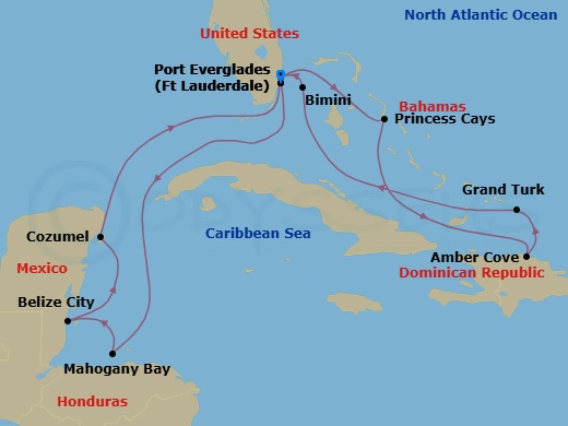 14 Night - Eastern / Western Caribbean Adventurer with Celebration Key - Star Princess - Starting in Fort Lauderdale, Florida, Roatan (Isla Tropicale), Honduras, Belize City, Belize, Cozumel, Mexico, Fort Lauderdale, Florida, Celebration Key, Bahamas, Amber Cove, Dominican Republic, Grand Turk, Turks and Caicos, Bimini, Bahamas, Fort Lauderdale, Florida itinerary map