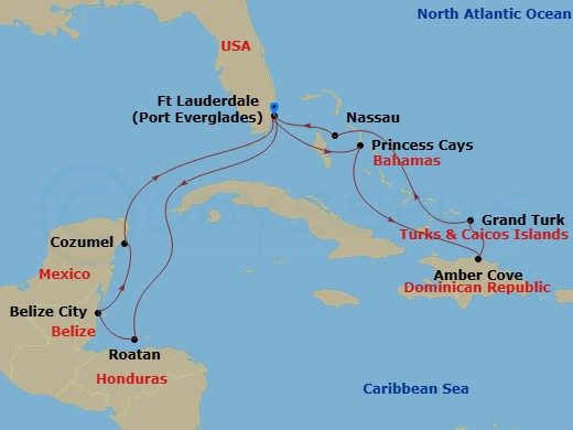 14 Night - Eastern / Western Caribbean Adventurer - Regal Princess - Starting in Fort Lauderdale, Florida, Roatan (Isla Tropicale), Honduras, Belize City, Belize, Cozumel, Mexico, Fort Lauderdale, Florida, Princess Cays, Bahamas, Amber Cove, Dominican Republic, Grand Turk, Turks and Caicos, Nassau, Bahamas, Fort Lauderdale, Florida itinerary map