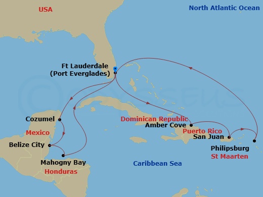 14 Night - Eastern / Western Caribbean Adventurer - Regal Princess - Starting in Fort Lauderdale, Florida, Amber Cove, Dominican Republic, San Juan, Puerto Rico, St Maarten, Fort Lauderdale, Florida, Roatan (Isla Tropicale), Honduras, Belize City, Belize, Cozumel, Mexico, Fort Lauderdale, Florida itinerary map