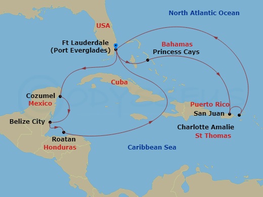 14 Night - Eastern / Western Caribbean Adventurer - Regal Princess - Starting in Fort Lauderdale, Florida, Cozumel, Mexico, Belize City, Belize, Roatan (Isla Tropicale), Honduras, Fort Lauderdale, Florida, Princess Cays, Bahamas, San Juan, Puerto Rico, St Thomas, US Virgin Islands, Fort Lauderdale, Florida itinerary map