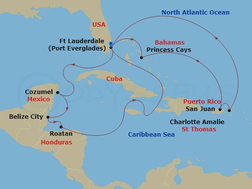 14 Night - Eastern / Western Caribbean Adventurer - Regal Princess - Starting in Fort Lauderdale, Florida, Princess Cays, Bahamas, San Juan, Puerto Rico, St Thomas, US Virgin Islands, Fort Lauderdale, Florida, Cozumel, Mexico, Belize City, Belize, Roatan (Isla Tropicale), Honduras, Fort Lauderdale, Florida itinerary map