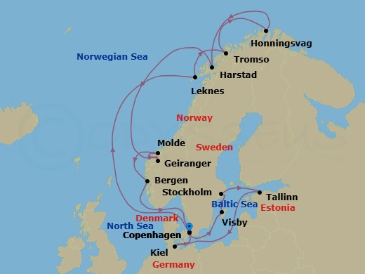 19 Night - An Extended Journey of Charming European Harbour Towns & Hanseatic Landmarks - EXPLORA V - Starting in Copenhagen, Visby (Gotland), Stockholm, Tallinn, Kiel, Copenhagen, Leknes (Lofoten Islands), Tromso, Honningsvag (Nordkapp), Harstad, Geiranger, Norway, Molde, Bergen, Copenhagen itinerary map