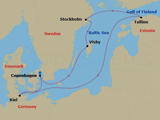 7 Night - A Journey Through Baltic Capitals & Medieval Shores - EXPLORA V - Starting in Copenhagen, Visby (Gotland), Stockholm, Tallinn, Kiel, Copenhagen itinerary map