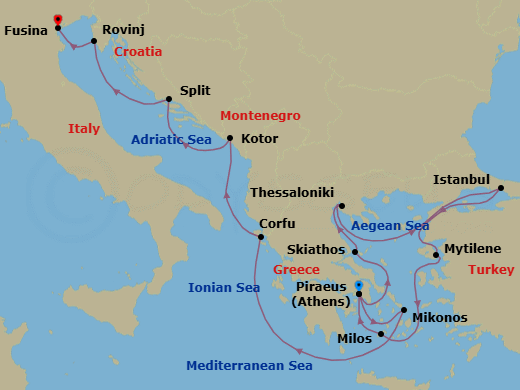 14 Night - An Extended Journey Through Ancient Marvels, Thriving Markets & Byzantine Grandeur - EXPLORA I - Starting in Piraeus (Athens), Skiathos, Thessaloniki, Istanbul, Mytilene (Lesbos), Milos, Piraeus (Athens), Mykonos, Corfu, Kotor, Split, Rovinj, Fusina (Venice) itinerary map