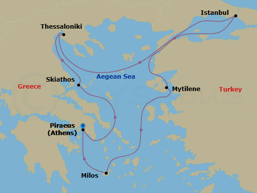 7 Night - A Journey from Golden Greek Islands to Turkish Treasures - EXPLORA I - Starting in Piraeus (Athens), Skiathos, Thessaloniki, Istanbul, Mytilene (Lesbos), Milos, Piraeus (Athens) itinerary map