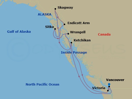 9 Night - A Journey of Magnificent Wilderness, Gigantic Glaciers & Pacific Harmony - EXPLORA III - Starting in Vancouver, Wrangell, Sitka, Skagway, Endicott Arm (Dawes Glacier), Ward Cove / Ketchikan, Victoria CA, Vancouver itinerary map