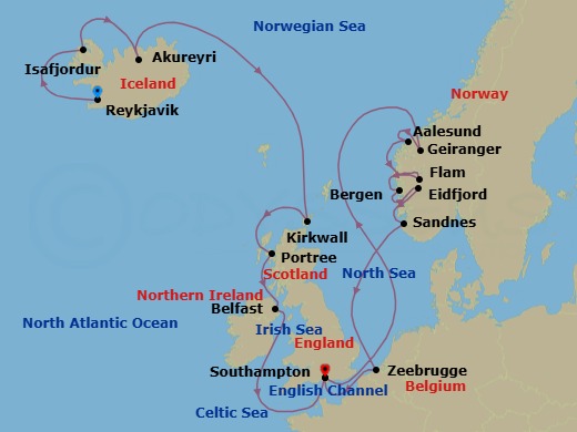 19 Night - An Extended Journey from the Landscapes of Iceland to the Towering Fjords of Norway - EXPLORA IV - Starting in Reykjavik, Isafjordur, Akureyri, Kirkwall, Portree, Belfast, Southampton, Geiranger, Norway, Alesund, Flam, Norway, Bergen, Eidfjord, Sandnes, Bruges (Zeebrugge), Southampton itinerary map
