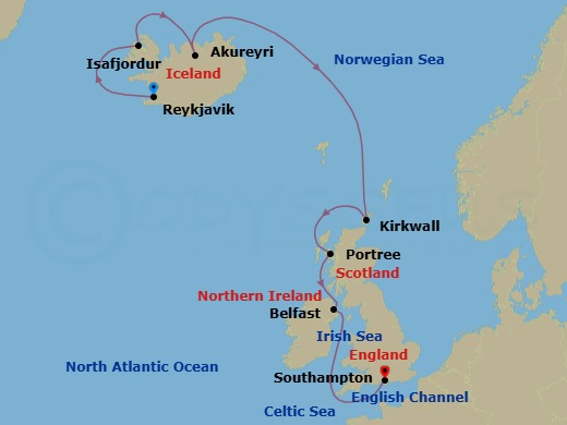 8 Night - A Journey Through Geothermal Marvels & Viking Legacies - EXPLORA IV - Starting in Reykjavik, Isafjordur, Akureyri, Kirkwall, Portree, Belfast, Southampton itinerary map