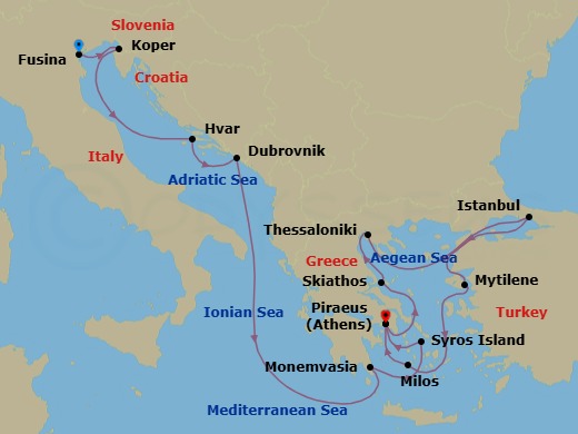 14 Night - An Extended Journey Through Greek Splendour, Byzantine History & Timeless Piazzas - EXPLORA I - Starting in Fusina (Venice), Koper, Hvar, Dubrovnik, Croatia, Monemvasia, Syros (Syra), Piraeus (Athens), Skiathos, Thessaloniki, Istanbul, Mytilene (Lesbos), Milos, Piraeus (Athens) itinerary map