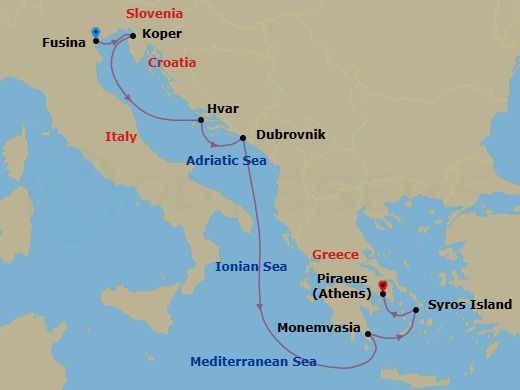 7 Night - A Journey of Shimmering Piazzas, Lavender-Scented Hills & Byzantine Grandeur - EXPLORA I - Starting in Fusina (Venice), Koper, Hvar, Dubrovnik, Croatia, Monemvasia, Syros (Syra), Piraeus (Athens) itinerary map
