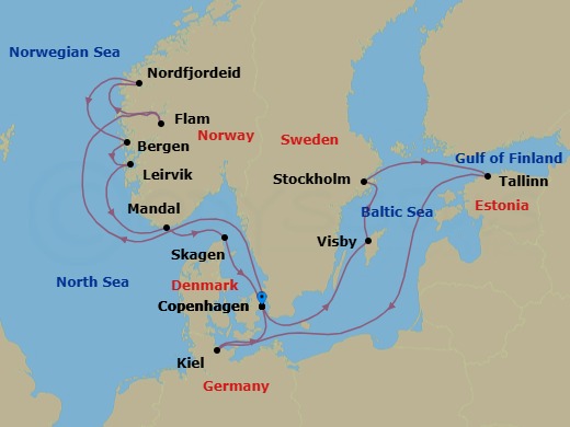 15 Night - An Extended Journey Through Scandinavian Fjords & Medieval Cityscapes - EXPLORA V - Starting in Copenhagen, Flam, Norway, Nordfjordeid, Bergen, Leirvik, Mandal, Skagen, Copenhagen, Visby (Gotland), Stockholm, Tallinn, Kiel, Copenhagen itinerary map