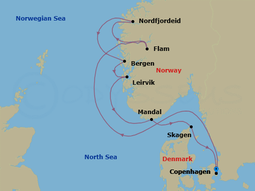 8 Night - A Journey of Nordic Light, Fjord Landscapes & Coastal Culture - EXPLORA V - Starting in Copenhagen, Flam, Norway, Nordfjordeid, Bergen, Leirvik, Mandal, Skagen, Copenhagen itinerary map