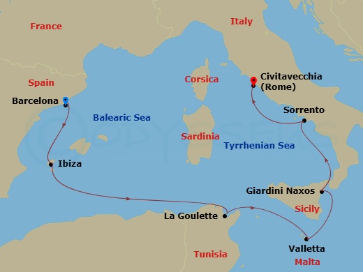 7 Night - A Journey Through Mediterranean Beauty, Artistic Spirit & Eternal Charms - EXPLORA II - Starting in Barcelona, Ibiza, Tunis / La Goulette, La Valletta, Giardini Naxos, Sorrento, Civitavecchia (Rome) itinerary map