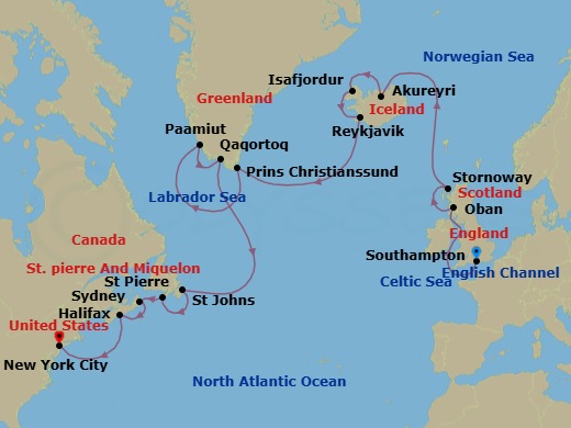 21 Night - A Grand Journey from the English Coast to the Iconic Wonders of New York - EXPLORA V - Starting in Southampton, Oban UK, Stornoway (Isle of Lewis), Akureyri, Isafjordur, Reykjavik, Sailing Prince Christian Sund, Paamiut, Qaqortoq (Julianehab), St Johns NF, Newfoundland, St Pierre, Sydney CA, Halifax, New York City itinerary map