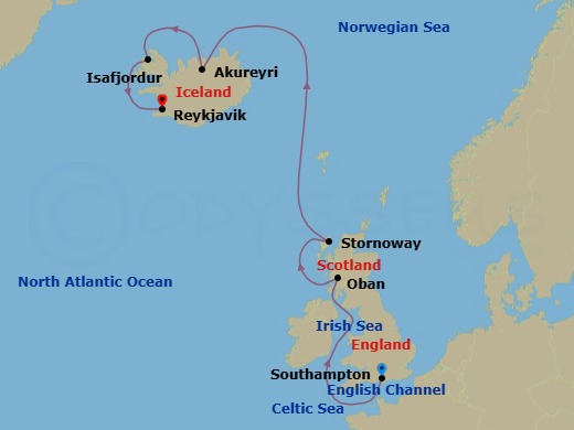 8 Night - A Journey Through Windswept Isles, Glacial Beauty & Northern Idylls - EXPLORA V - Starting in Southampton, Oban UK, Stornoway (Isle of Lewis), Akureyri, Isafjordur, Reykjavik itinerary map