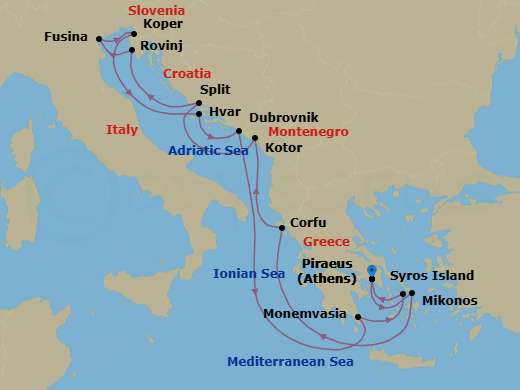 14 Night - An Extended Journey Through Ancient Marvels & Scenic Sun-Kissed Coastlines - EXPLORA I - Starting in Piraeus (Athens), Mykonos, Corfu, Kotor, Split, Rovinj, Fusina (Venice), Koper, Hvar, Dubrovnik, Croatia, Monemvasia, Syros (Syra), Piraeus (Athens) itinerary map