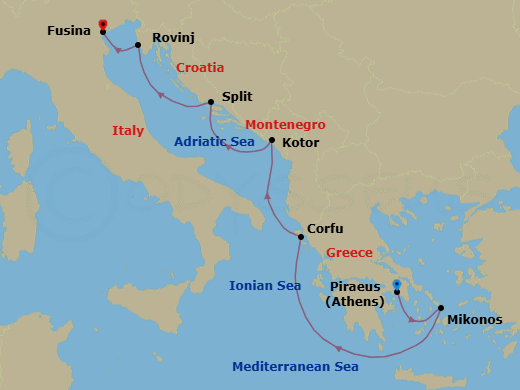 7 Night - A Journey from Ancient Greek Shores to the Legendary Canals of Venice - EXPLORA I - Starting in Piraeus (Athens), Mykonos, Corfu, Kotor, Split, Rovinj, Fusina (Venice) itinerary map