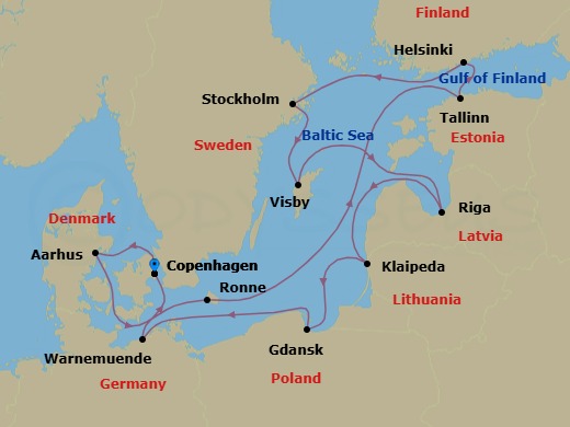 14 Night - An Extended Journey Through Enchanting Scandinavian Vistas & Baltic Jewels - EXPLORA IV - Starting in Copenhagen, Aarhus, Ronne, Tallinn, Helsinki, Stockholm, Visby (Gotland), Riga, Klaipeda, Gdansk (Gdynia), Berlin / Warnemunde, Copenhagen itinerary map