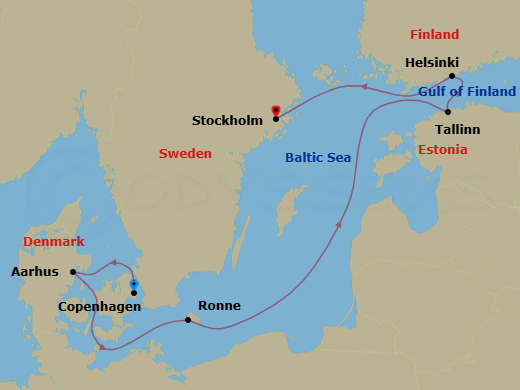 7 Night - A Journey Through Northern Europe's Capitals, Islands & Timeless Maritime Heritage - EXPLORA IV - Starting in Copenhagen, Aarhus, Ronne, Tallinn, Helsinki, Stockholm itinerary map