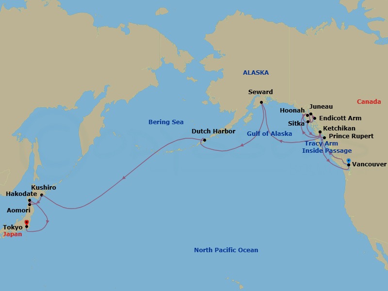 26 Night - A Journey from Alaska's Wild Frontiers to Japan's Northern Shores - EXPLORA III - Starting in Vancouver, Ward Cove / Ketchikan, Hoonah, Sailing the Tracy Arm Fjord, Endicott Arm (Dawes Glacier), Juneau, Sitka, Prince Rupert, Vancouver, Ketchikan, Seward, Dutch Harbor, Kushiro, Aomori, Hakodate, Tokyo itinerary map