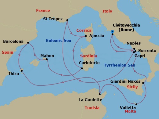 14 Night - An Extended Journey of Historic Landmarks & Sun-Kissed Islands - EXPLORA II - Starting in Civitavecchia (Rome), Port of Naples, Capri, Saint-Tropez, Ajaccio (Corsica), Carloforte, Mahon (Menorca), Barcelona, Ibiza, Tunis / La Goulette, La Valletta, Giardini Naxos, Sorrento, Civitavecchia (Rome) itinerary map