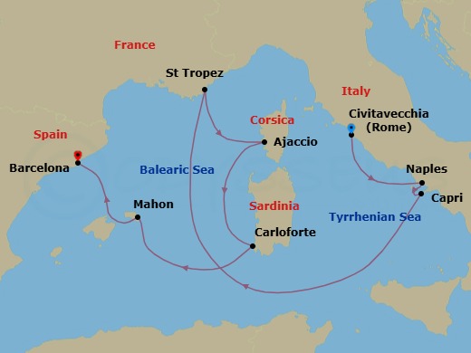 7 Night - A Journey of Italian Grandeur, Riviera Glamour & Catalan Style - EXPLORA II - Starting in Civitavecchia (Rome), Port of Naples, Capri, Saint-Tropez, Ajaccio (Corsica), Carloforte, Mahon (Menorca), Barcelona itinerary map