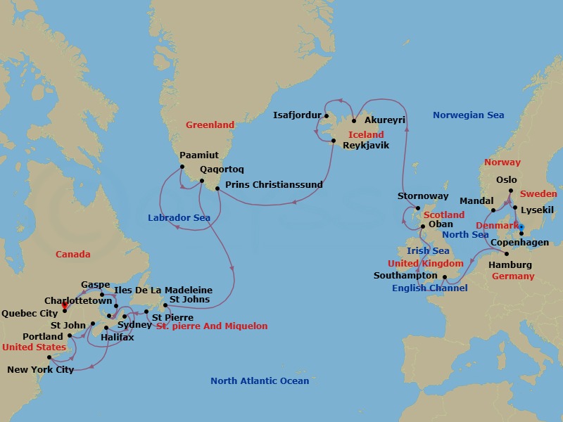 38 Night - A Grand Journey from Norse Capitals to the Coasts of Canada & New England - EXPLORA V - Starting in Copenhagen, Lysekil (Gotland), Oslo, Mandal, Hamburg, Southampton, Oban UK, Stornoway (Isle of Lewis), Akureyri, Isafjordur, Reykjavik, Sailing Prince Christian Sund, Paamiut, Qaqortoq (Julianehab), St Johns NF, Newfoundland, St Pierre, Sydney CA, Halifax, New York City, Portland ME, Saint John NB (Bay of Fundy), Charlottetown, Prince Edward Island, Iles De La Madeleine, Gaspe, Quebec City itinerary map