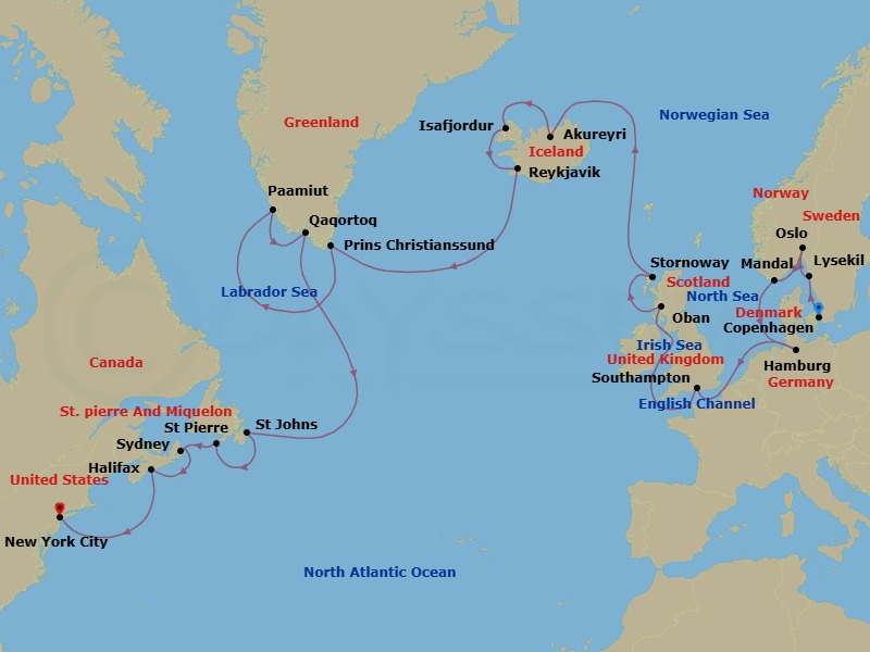 28 Night - A Grand Journey from Nordic Serenity to the Urban Energy of New York - EXPLORA V - Starting in Copenhagen, Lysekil (Gotland), Oslo, Mandal, Hamburg, Southampton, Oban UK, Stornoway (Isle of Lewis), Akureyri, Isafjordur, Reykjavik, Sailing Prince Christian Sund, Paamiut, Qaqortoq (Julianehab), St Johns NF, Newfoundland, St Pierre, Sydney CA, Halifax, New York City itinerary map