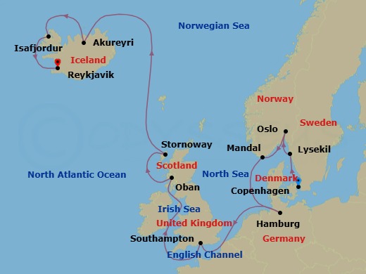 15 Night - An Extended Journey of Scottish Charm, Icelandic Calm & English Attractions - EXPLORA V - Starting in Copenhagen, Lysekil (Gotland), Oslo, Mandal, Hamburg, Southampton, Oban UK, Stornoway (Isle of Lewis), Akureyri, Isafjordur, Reykjavik itinerary map