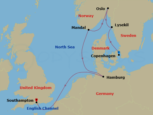 7 Night - A Journey of Nordic Joy, Timeless Beauty & Rich Cultural Legacy - EXPLORA V - Starting in Copenhagen, Lysekil (Gotland), Oslo, Mandal, Hamburg, Southampton itinerary map