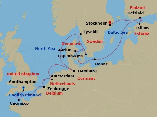 15 Night - An Extended Journey Through Northern Europe's History, Culture & Scenic Allure - EXPLORA IV - Starting in Southampton, Guernsey / St Peter Port, Bruges (Zeebrugge), Amsterdam, Hamburg, Lysekil (Gotland), Copenhagen, Aarhus, Ronne, Tallinn, Helsinki, Stockholm itinerary map