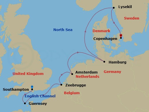 8 Night - A Journey from Literary Isles to Nordic Capitals - EXPLORA IV - Starting in Southampton, Guernsey / St Peter Port, Bruges (Zeebrugge), Amsterdam, Hamburg, Lysekil (Gotland), Copenhagen itinerary map