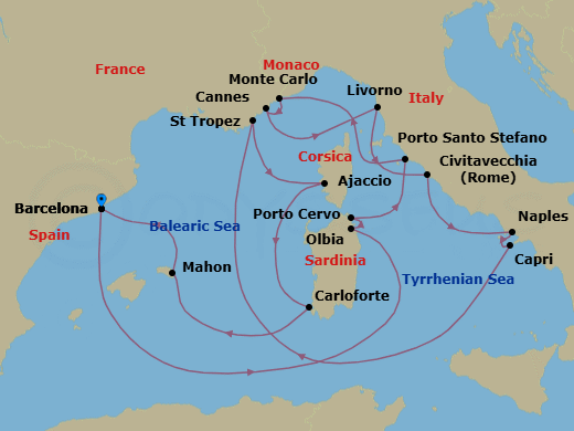 14 Night - An Extended Journey of Ancient Landmarks & Elegant Islands - EXPLORA II - Starting in Barcelona, Olbia (Sardinia), Porto Cervo (Sardinia), Porto Santo Stefano (Argentario), Monte Carlo, Cannes, Livorno (Florence), Civitavecchia (Rome), Port of Naples, Capri, Saint-Tropez, Ajaccio (Corsica), Carloforte, Mahon (Menorca), Barcelona itinerary map