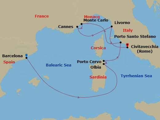 7 Night - A Journey Through Catalan Creativity, Riviera Allure & Italian Elegance - EXPLORA II - Starting in Barcelona, Olbia (Sardinia), Porto Cervo (Sardinia), Porto Santo Stefano (Argentario), Monte Carlo, Cannes, Livorno (Florence), Civitavecchia (Rome) itinerary map