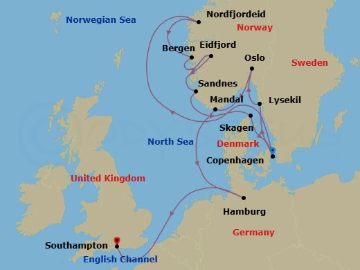 14 Night - An Extended Journey of Norwegian Fjords, Swedish Culinary Delights & Danish Heritage - EXPLORA V - Starting in Copenhagen, Nordfjordeid, Bergen, Eidfjord, Sandnes, Skagen, Copenhagen, Lysekil (Gotland), Oslo, Mandal, Hamburg, Southampton itinerary map